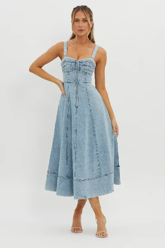 Emilio Pleated Bust A-Line Midi Dress Denim Blue